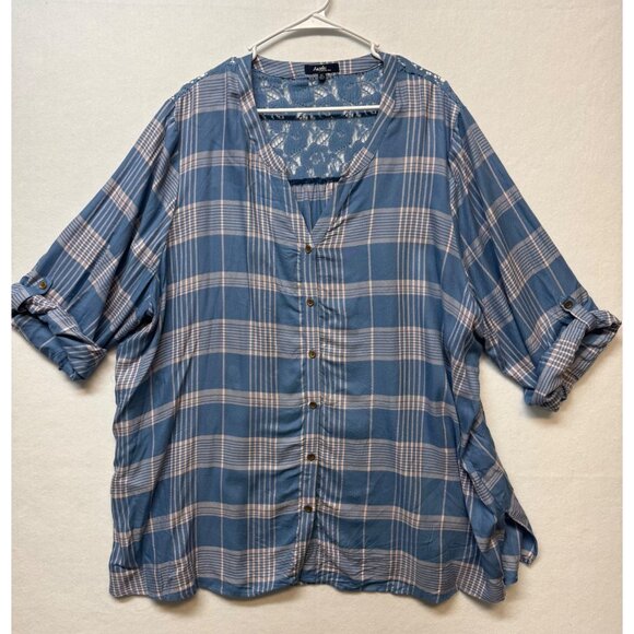 Angels Tops - Womens AngelS Plaid Button-Up Blouse With Lace Details 3X